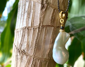 Baroque Pearl & Diamonds pendant Necklace, Black Rhodium Plated Sterling Silver Ball Chain, 35&quot;inches, Vermeil, Mixed Metal Pearl Necklace