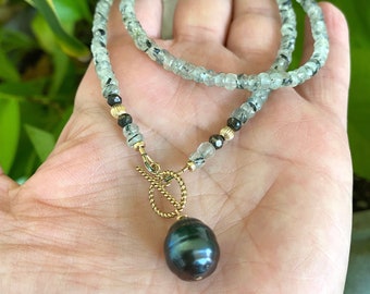 Green Prehnite Beads and Tahitian Baroque Pearl Toggle Necklace, Gold Filled Accents, Layering Necklace, Gift for Her 18"inches