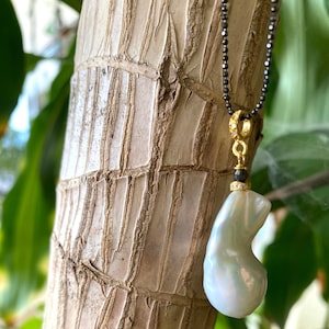 Baroque Pearl & Diamonds pendant Necklace, Black Rhodium Plated Sterling Silver Ball Chain, 35&quot;inches, Vermeil, Mixed Metal Pearl Necklace