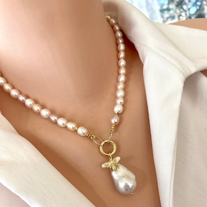 Pastel Pearl Hand Knotted Necklace with Gold Vermeil Plated Silver Details, Removable Bee Charm & Baroque Pearl Pendant, 17&quot;inches