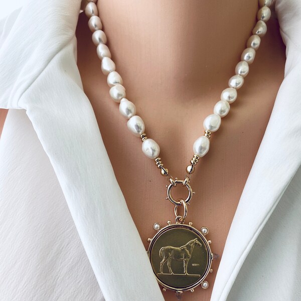 Freshwater Pearl Horse Coin Necklace - Gold