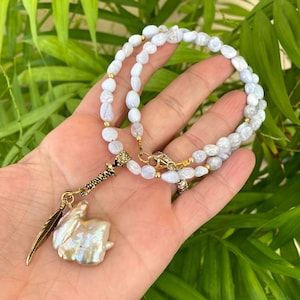 Blue Lace Agate, Blue Chalcedony Beads and Baroque Keshi Pearl Pendant with Artisan Gold Bronze Bail & Leaf charm, Gold Filled 18&quot;inches