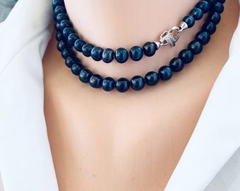 Hand-Knotted Navy Blue Pearl Necklace: Sterling Silver Clasp, Long Layering Necklace, 31 or 32"