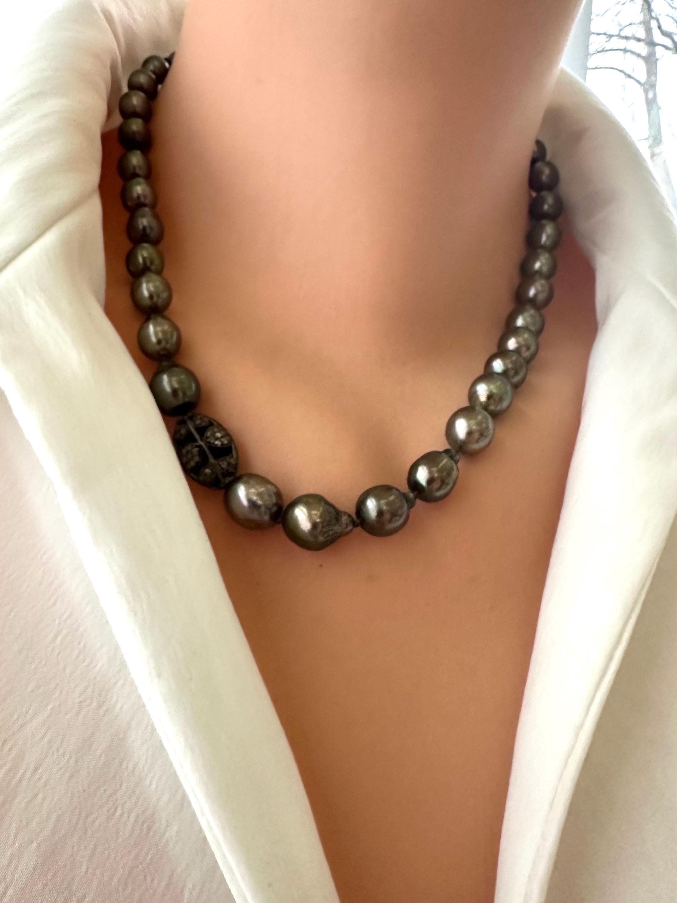 Tahitian Pearl Necklace: Baroque Black Pearls, Champagne Diamond
