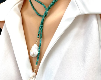 Single Strand Of Arizona Turquoise Rondelle Beads & Two Baroque Pearls Lariat Wrap Necklace, December Birthstone, Gold Plated silver, 37"In