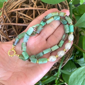 Collier de perles de chrysoprase et d&#39;or vermeil, perles d&#39;eau douce, 19 pouces, bijoux modernes, cadeau de Noël pour elle