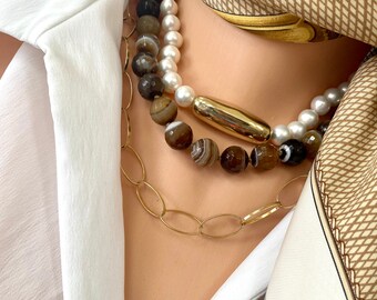 Hand Knotted Botswana Agate Necklace: Chunky Earthy Brown Artisan Jewelry, 18"