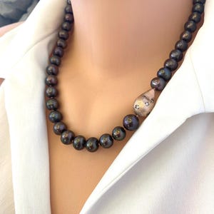 Fresh Water Black Pearl Chunky Necklace & Baroque Inspired Element, Stylish Jewelry Gift for Her, Peacock Pearls, 20&quot;inch, Rose Gold Vermeil