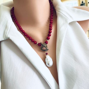 Red Coral Necklace with Baroque Pearl Pendant, Red Bamboo Coral Beads, Gold Filled & Gold Bronze, Coral Jewelry, Christmas Gifts for Her,19&quot;
