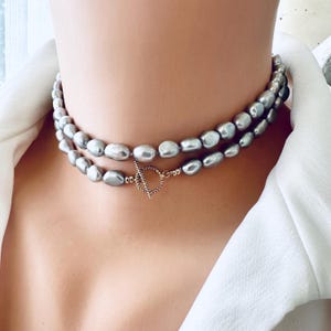 ロンググレーパールネックレス、手結びグレーナゲットパールネックレス、ゴールドフィルド、28インチ、パールジュエリー、パールブレスレット、ママへのネックレス