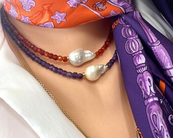 Verbrande oranje carneool en barokke parelketting: gold filled, handgemaakt, 16+2"