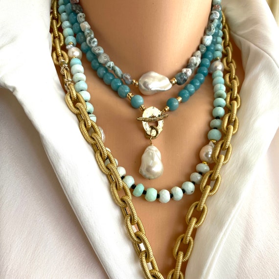 Amazonite and Baroque Pearl Toggle Necklace: Artisan Gold Bronze