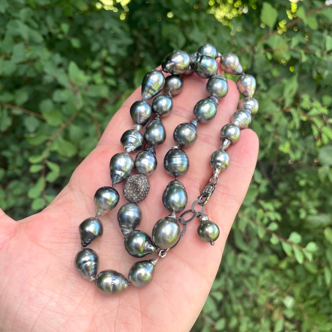 Tahitian Black Pearl Necklace: Champagne Diamond, Oxidized Silver, 16" 