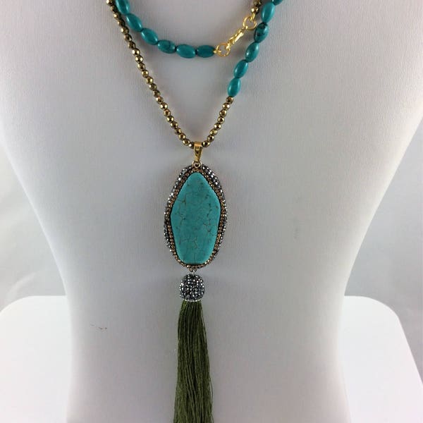 Turquoise Necklace/Turquoise Blue Howlite Beads and Pendant/Rhinestone Paved/Gold Hematite Necklace/Tassel Necklace/Summer Vibes Jewelry