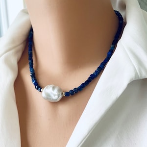 Delicate Lapis Lazuli Beaded Necklace with Fresh Water White Baroque Pearl and Gold Filled Details, 17"inches, December Birthstone Necklace