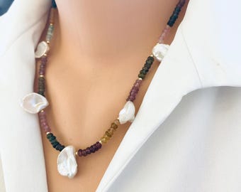 Tourmaline Keshi Pearl Necklace: 14K Gold-Filled Gemstone Jewelry, 19.5"-20.5"