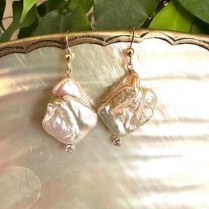 Large Keshi Pearl Gold Filled Hook Earrings with Clear Cubic Zirconia, Bridal Earrings, Bridesmaid Gifts For Her, Baroque Pearl Earrings