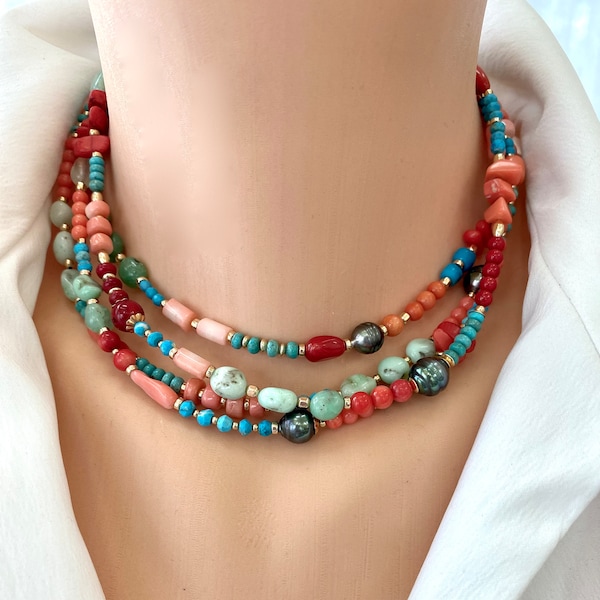 Turquoise, Chrysoprase, Pink Orange Red Coral and Tahitian Pearl Summer Necklace, Gold Filled Details, 15-16"inches, Beach Jewelry For Her