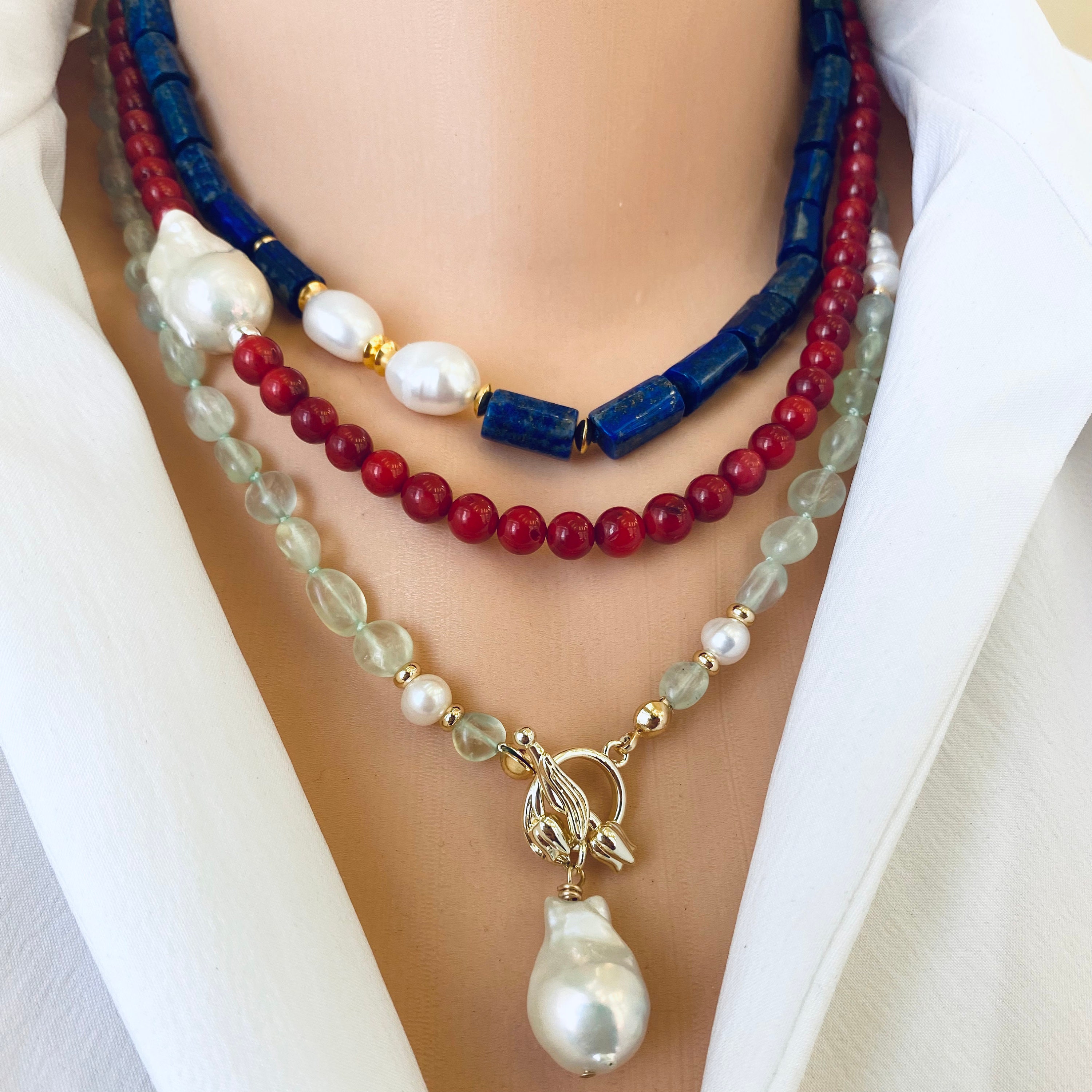 Red Coral Short Necklace With Natural Baroque Pearl and
