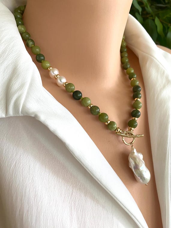Olive Green Jade and Baroque Pearl Necklace: Gold Bronze Artisan