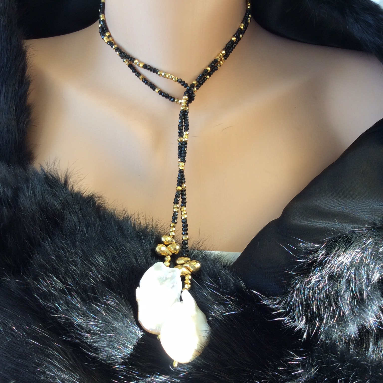 Black Spinel Lariat Necklace Gold Pyrite Briolettes Long | Etsy