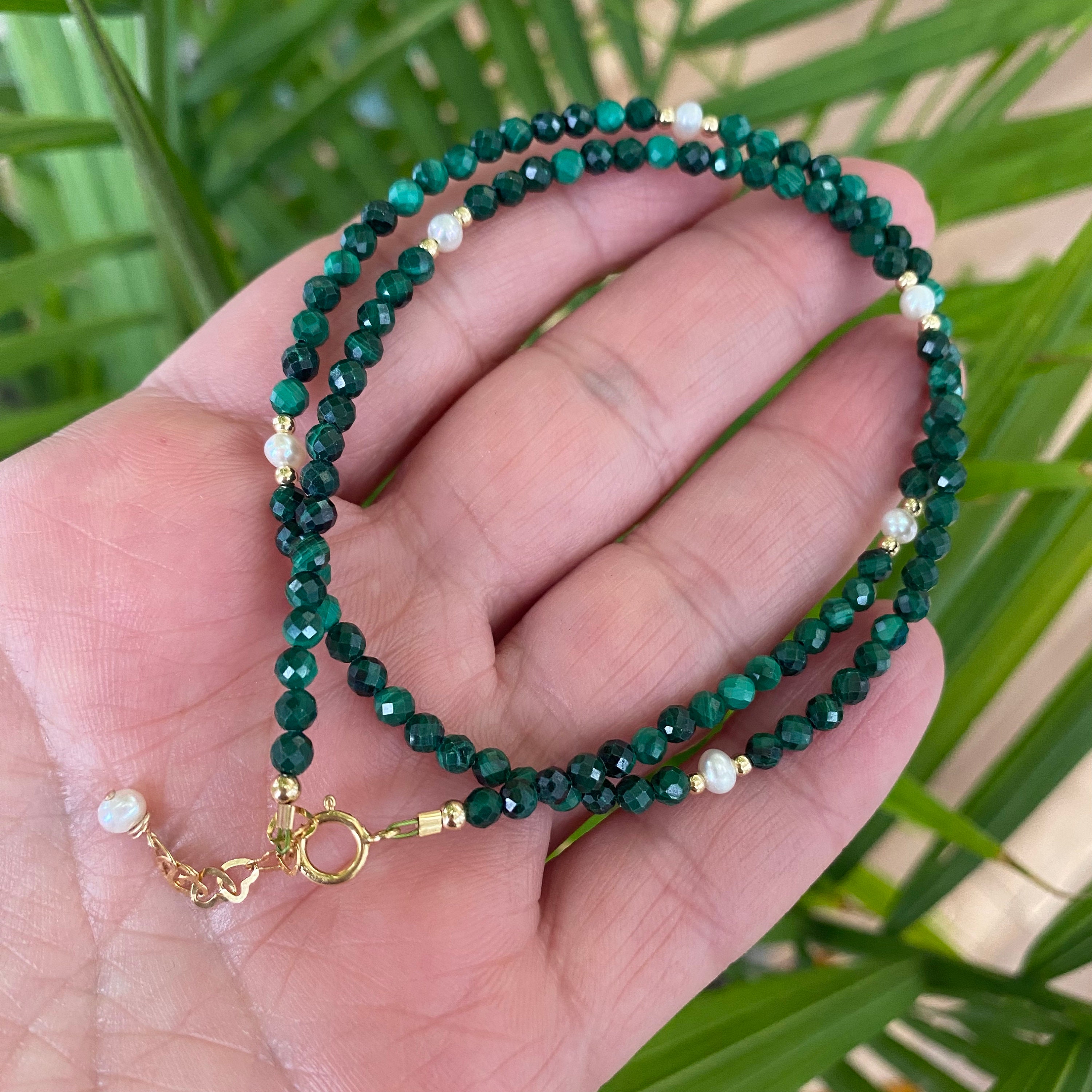 Green Malachite & Freshwater Pearls Choker Necklace, Gold Filled, Minimalist Jewelry, 15+1"Inch, Dainty Malachite Jewelry, Best Gift for Her