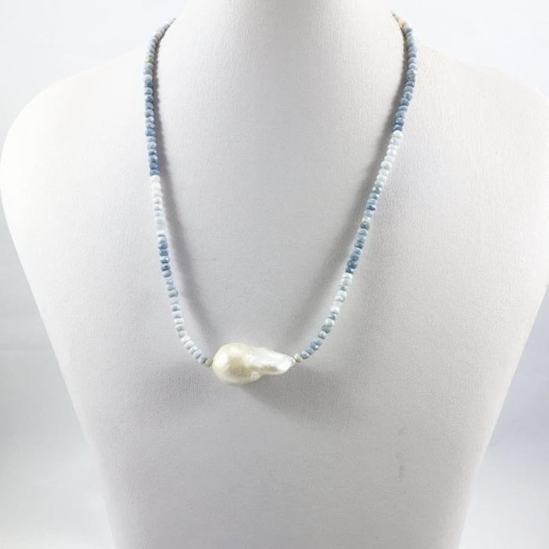 Lariat Necklace-Blue Opal-Opal Necklace-Pearl Necklace-Minimalist-Baroque Pearl-Y Necklace Shades of Blue Boulder Opal-White Baroque Pearl
