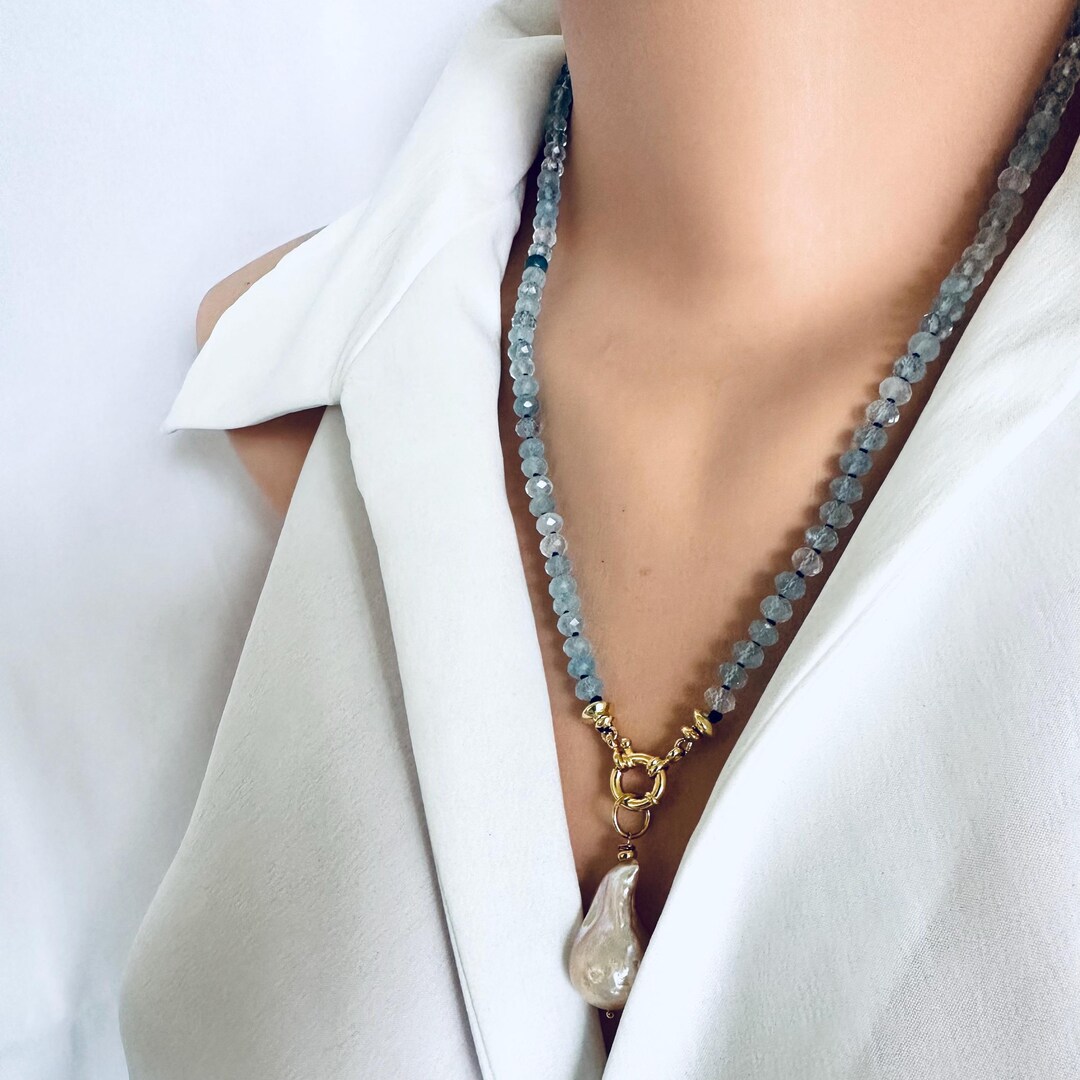 Aquamarine Candy Necklace: Baroque Pearl Pendant, Gold Vermeil Silver ...