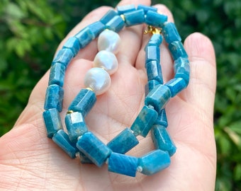 Blue Apatite Tube Beads Necklace w Gold Vermeil Plated Silver Details & Fresh Water Pearls, Modern Jewelry, 17.5"Inches, Gift For Her