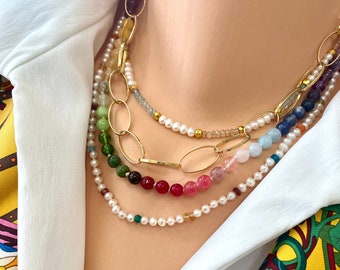 Hand Knotted Mini Rainbow Candy Necklace, Skittles Taste Multi Gemstones Necklace, Gold Plated, 16&quot; to 19.5&quot;inches, Perfect Gift For Her