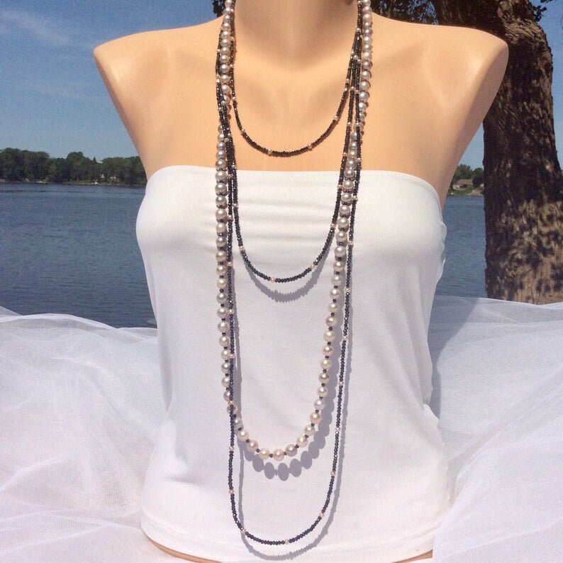 Long Necklace Long Opera Necklace Charcoal Pyrites necklace Lavender Pink Freshwater Pearls Necklace Pearl Necklace Pyrite Necklace