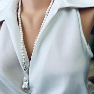 Hand Knotted Freshwater Pearl Necklace with Removable Baroque Pearl Pendant, 26&quot; inches, Sterling Silver Marine Clasp, Perfect Gift for Her