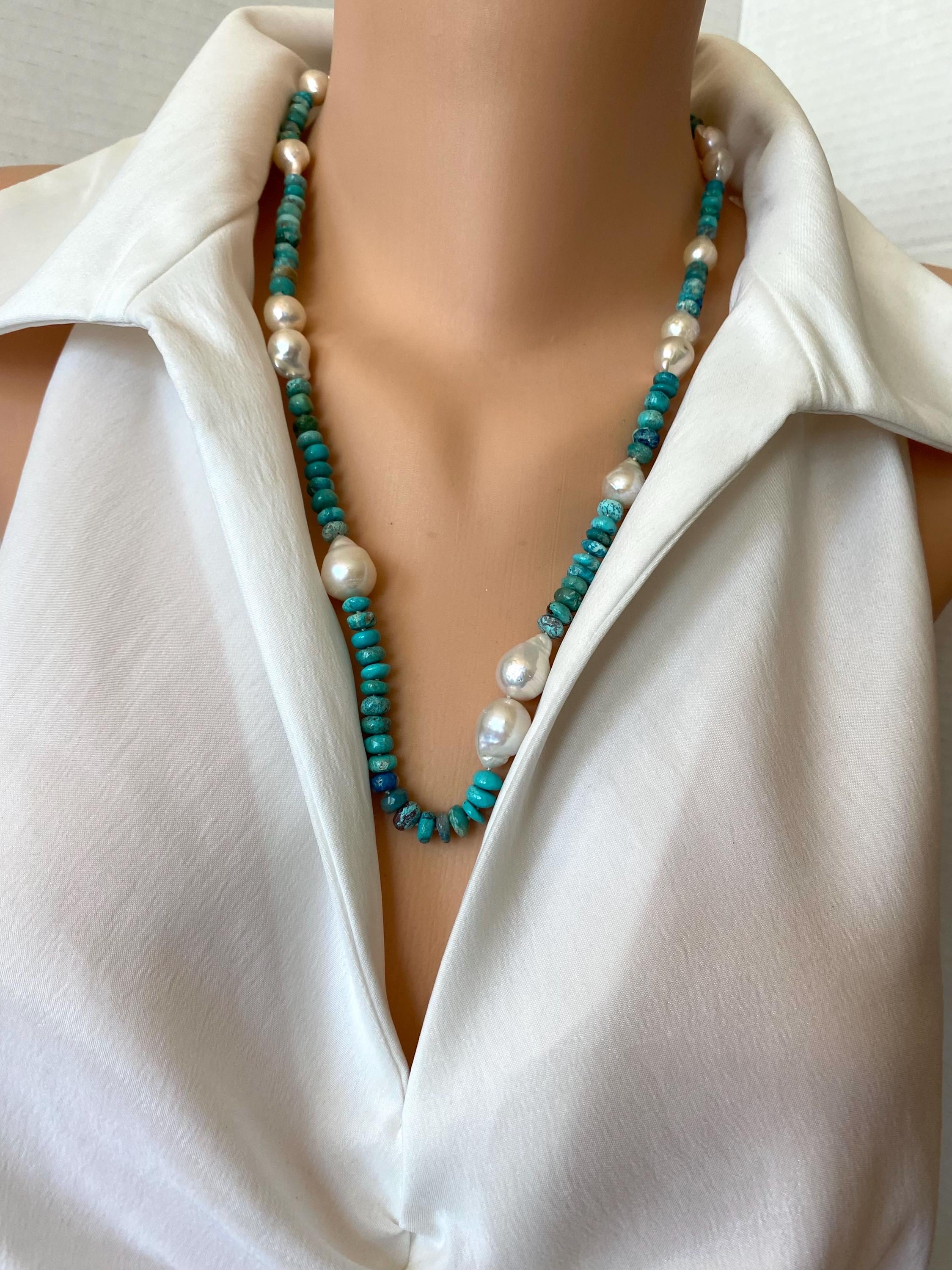 Hand Knotted Turquoise & Baroque Pearl Necklace: Sterling Silver Clasp, 23"