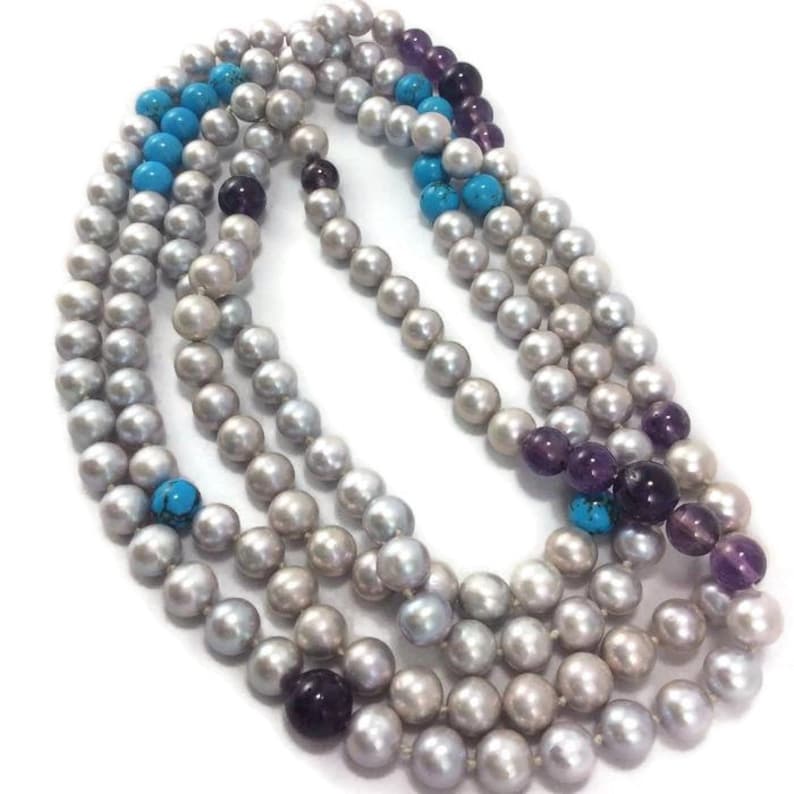 Turquoise Necklace Freshwater Silver Pearl w Turquoise and Amethyst Long Rope Necklace Amethyst Beaded Necklace Pearl Jewelry