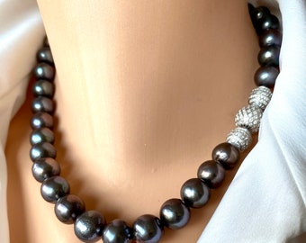 Large Black Pearl Necklace, Pave Cz Sterling Silver Ball & Clasp, Freshwater Pearl Short Necklace, Classy Pearl Necklace