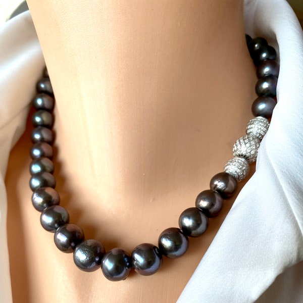 Large Black Pearl Necklace, Pave Cz Sterling Silver Ball & Clasp, Freshwater Pearl Short Necklace, Classy Pearl Necklace