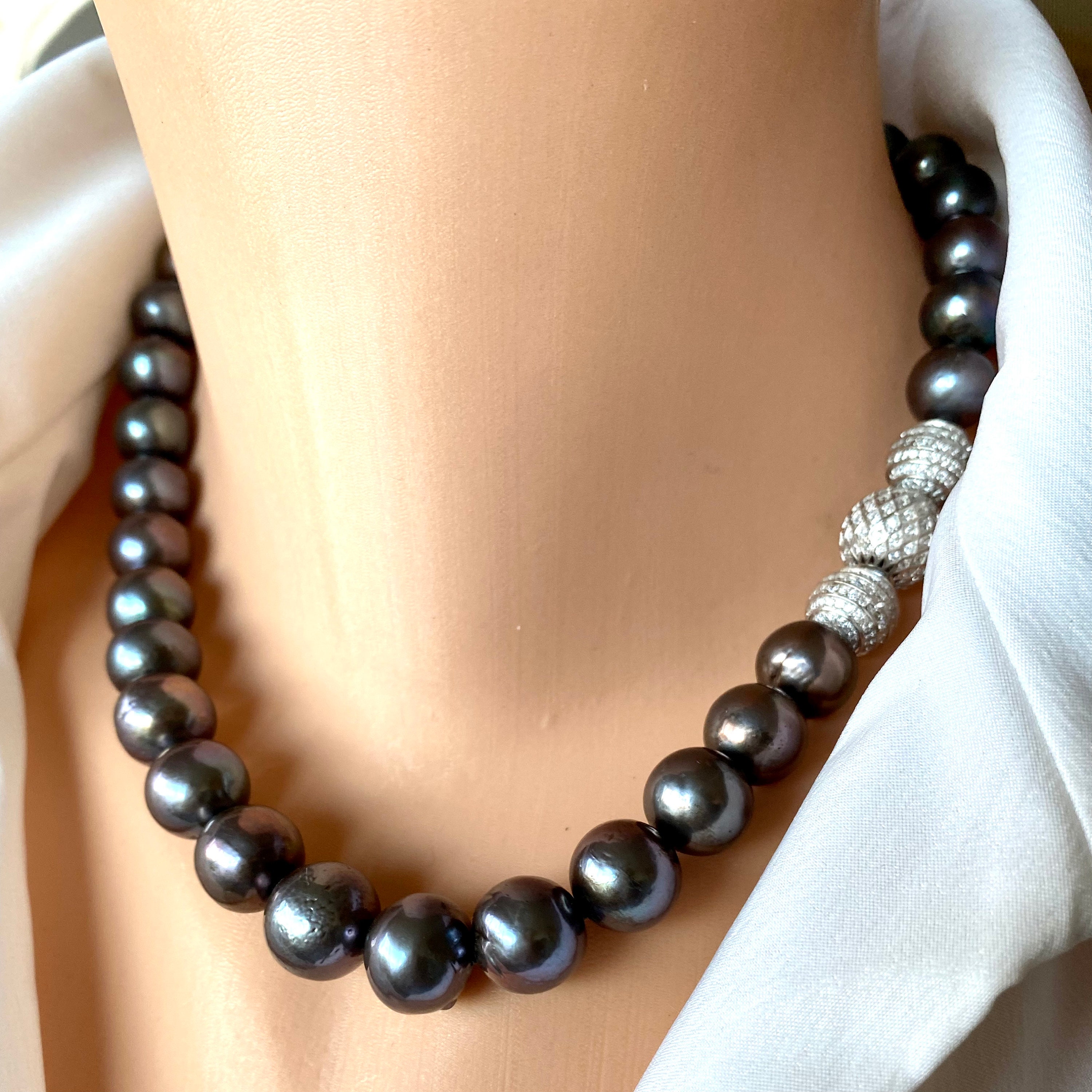 Large Black Pearl Necklace, Pave Cz Sterling Silver Ball