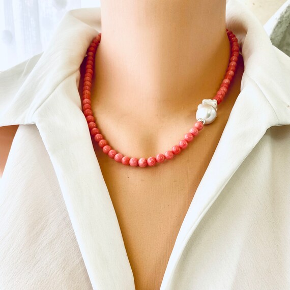 Pink Coral and Baroque Pearl Necklace With Sterling Silver Details