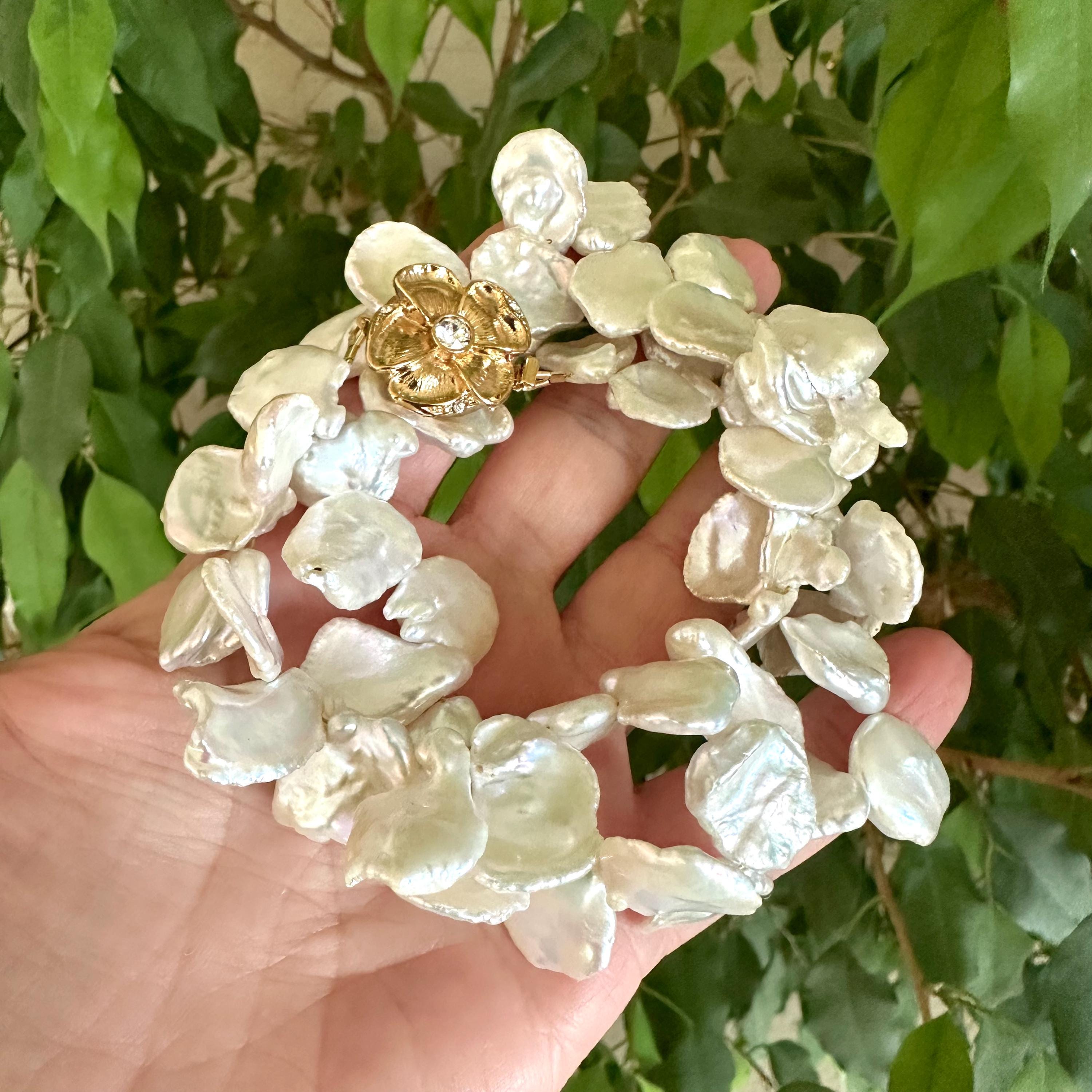 White Keshi Pearl Necklace: Gold Flower Clasp, Bridal Jewelry 17.5