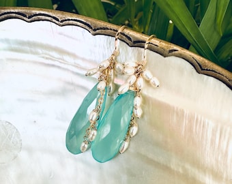 Teardrop Chalcedony & Pearl Earrings: Gold Filled Dangle Earrings