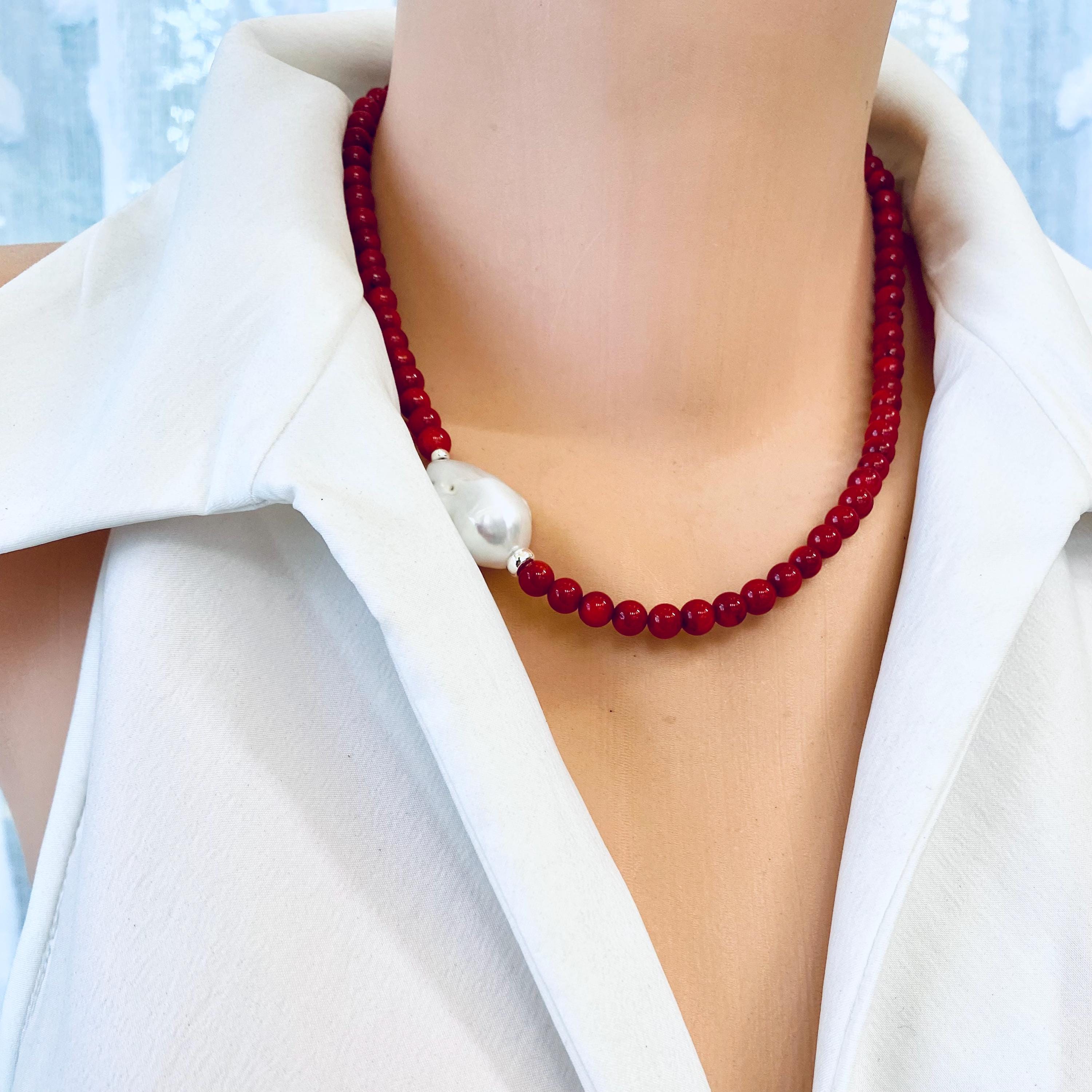 ★PEARLY MORE★ red beads necklace Red Pearl Multi Layered Strand Statement Bead Chunky Jewelry