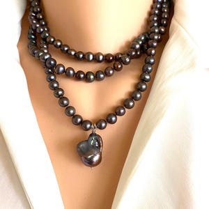 Peacock Pearl 3 Strand Necklace with Baroque Pearl Pendant, Brown Iridescent Freshwater Pearls, Layered Statement Necklace, 16.5–19”