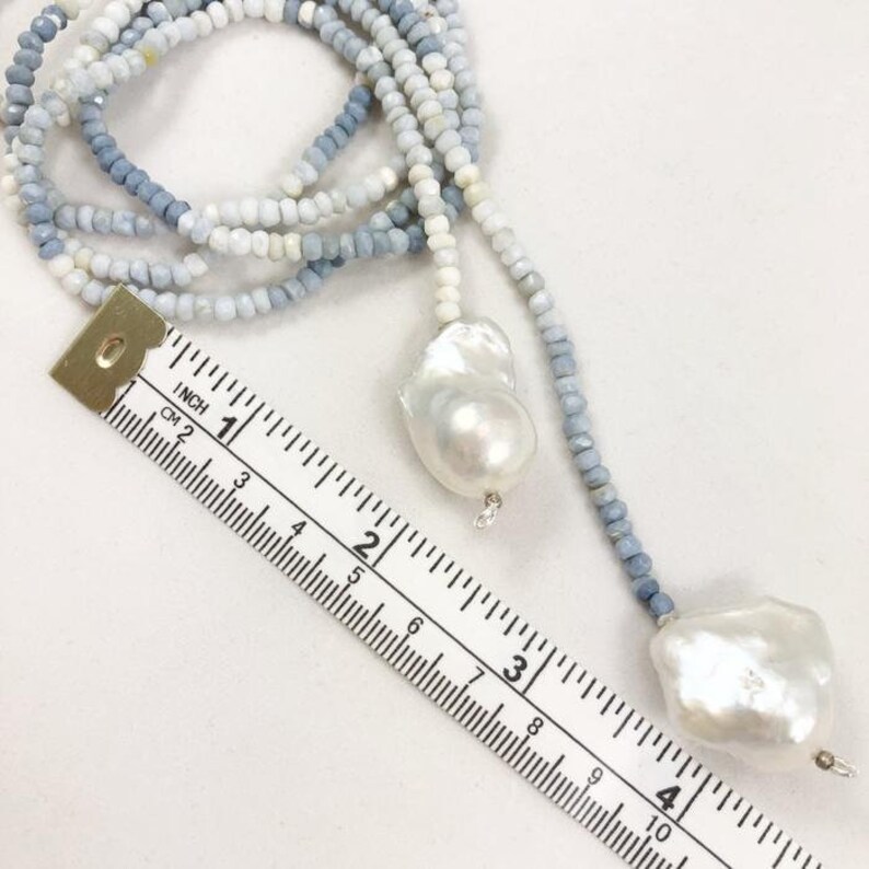 Lariat Necklace-Blue Opal-Opal Necklace-Pearl Necklace-Minimalist-Baroque Pearl-Y Necklace Shades of Blue Boulder Opal-White Baroque Pearl
