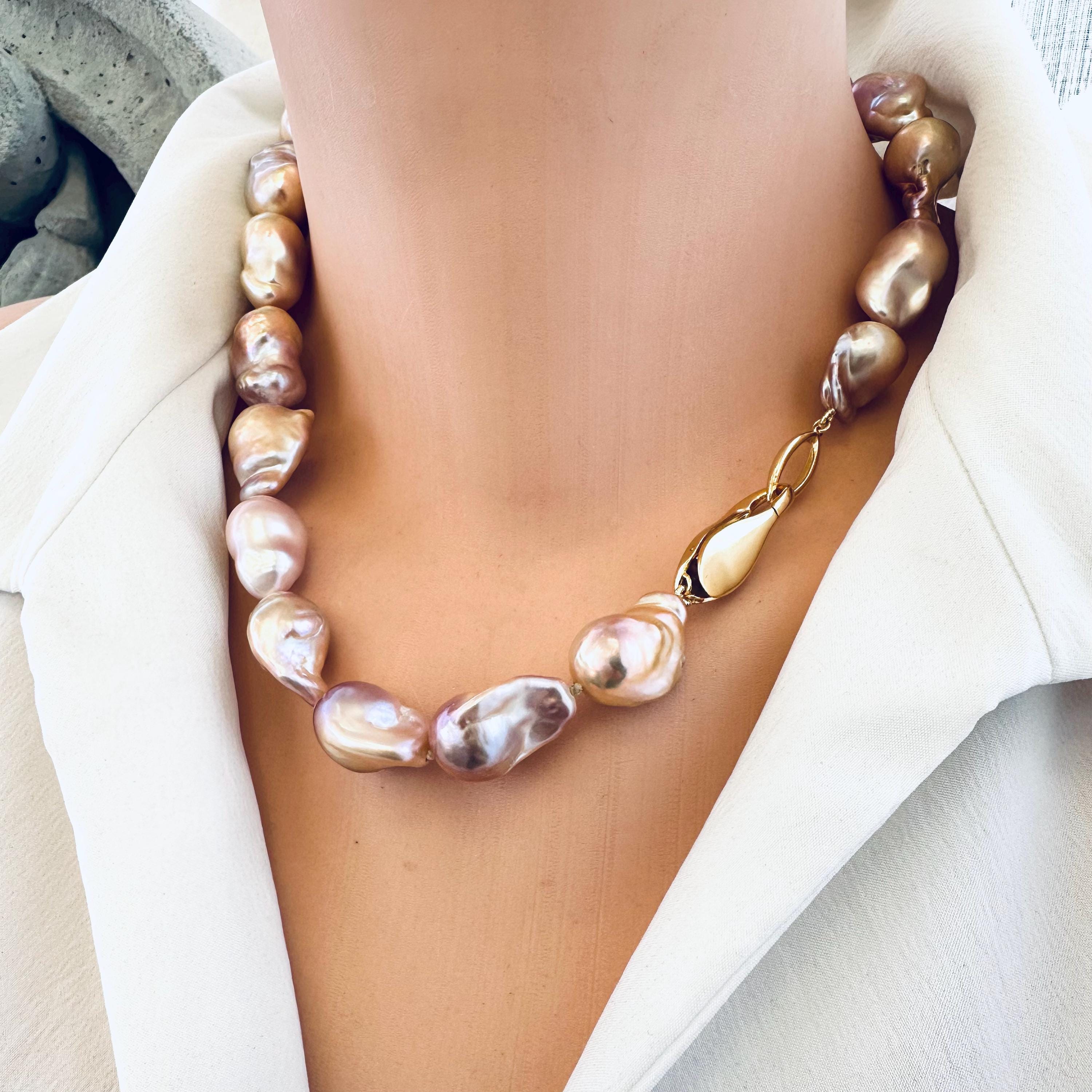 Golden Pink Baroque Pearl Necklace: Hand-knotted Vermeil Clasp, 18
