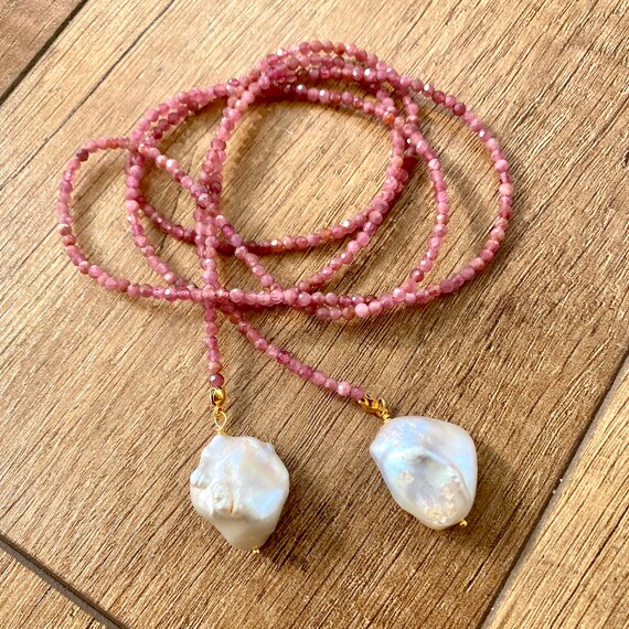 Pink Tourmaline & Baroque Pearl Lariat Necklace, Wrap Bead