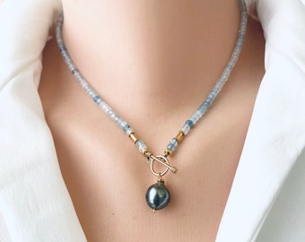 Delicate Aquamarine Toggle Necklace & Tahitian Baroque Pearl Pendant, Gold Vermeil Plated Silver, 16.5"inches, March Birthstone Gift For Her