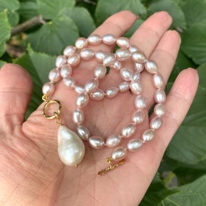 Pink Pearl Toggle Necklace with White Baroque Pearl Pendant, Gold Vermeil Silver Plated Details, 17&quot;inches, Pearl Necklaces For Women