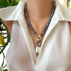 Freshwater Black Pearl Toggle Necklace with White Baroque Pearl Pendant & Heart Charm – 20.5&quot; | Artisan Gold Bronze Details – Christmas Gift