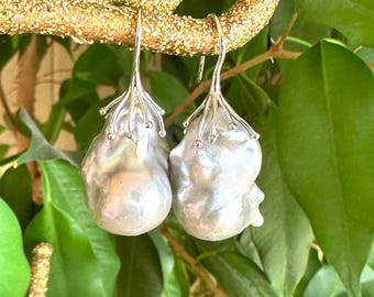 Silver Grey Baroque Pearl Drop Earrings, Gold Vermeil Plated Silver Fish Hooks, Large Freshwater Gray Baroque Pearls Dangle Earrings