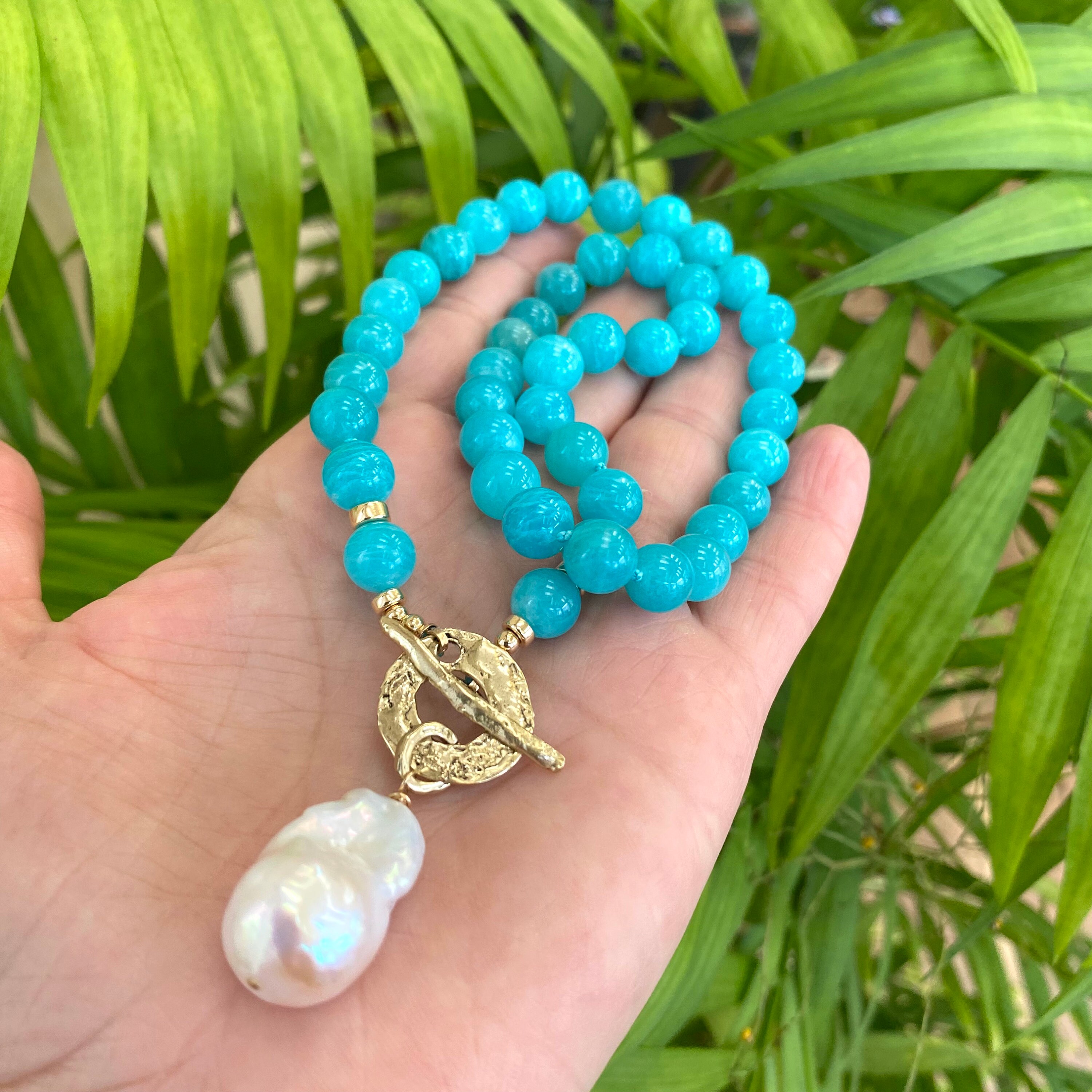 Amazonite and Baroque Pearl Toggle Necklace: Artisan Gold Bronze